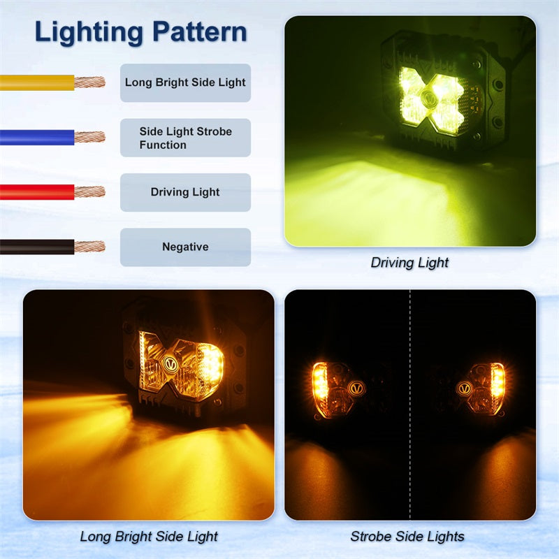 Flush Mount LED Pods, Waterproof IP68 Side Shooter Pods Yellow Lens with Amber Solid Strobe Separate Function 40W Spot Flood Driving Cube Lights for Truck ATV RZR UTV Jeep Ford SUV Toyota 4X4