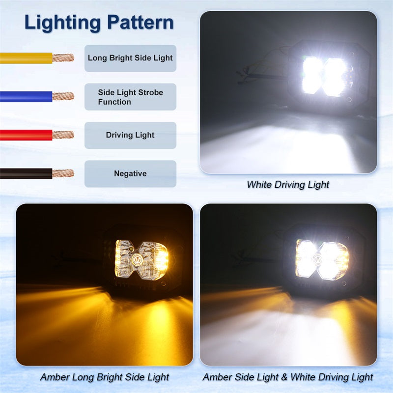 Flush Mount LED Pods, Combo Offroad Driving Lights With Separate Amber Solid/Strobe Side Shooters, Backup Reverse Cube Working Light for Truck Jeep ATV SUV 4x4