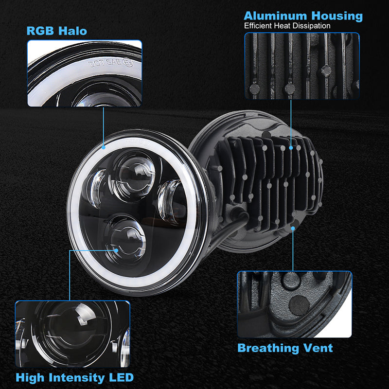 5.75inch RGB Headlight 5 3/4'' Led Headlight with White RGB Halo Bluetooth Remote Control Music Mode 40W H/L Beam for Harley Sportster Dyna