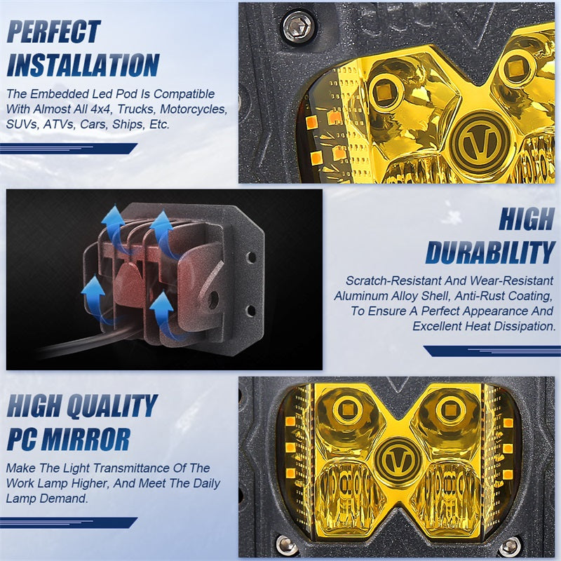 Flush Mount LED Pods, Waterproof IP68 Side Shooter Pods Yellow Lens with Amber Solid Strobe Separate Function 40W Spot Flood Driving Cube Lights for Truck ATV RZR UTV Jeep Ford SUV Toyota 4X4