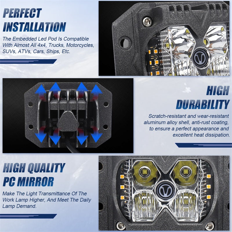 Flush Mount LED Pods, Combo Offroad Driving Lights With Separate Amber Solid/Strobe Side Shooters, Backup Reverse Cube Working Light for Truck Jeep ATV SUV 4x4
