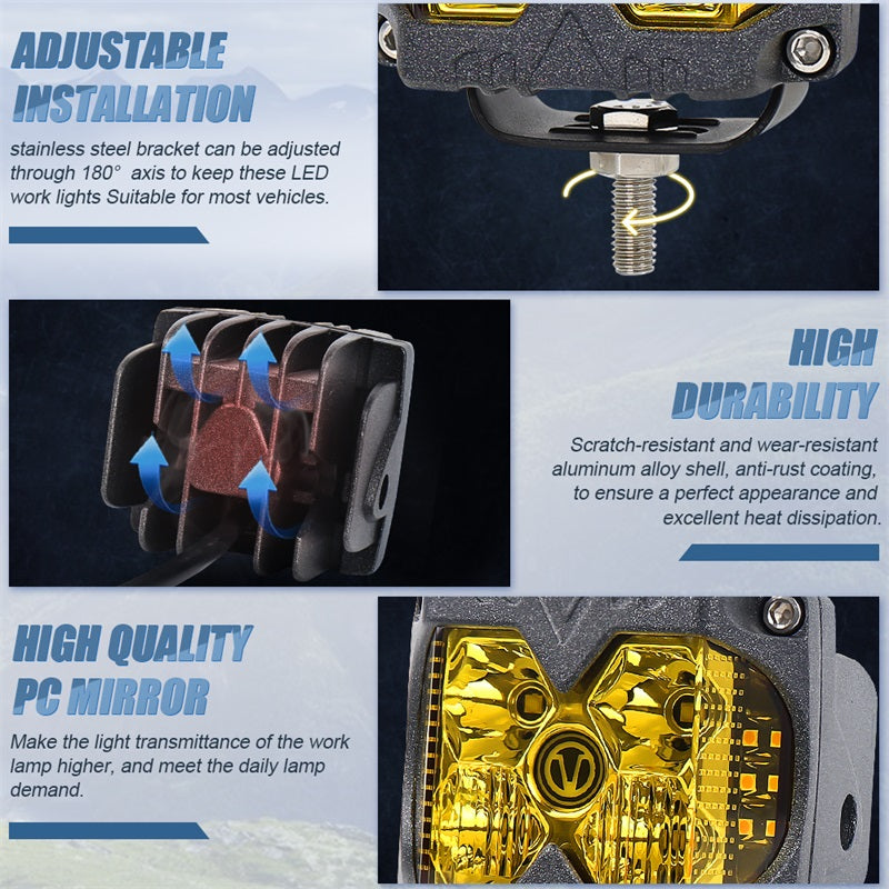 Amber LED Pods, Waterproof IP68 Yellow Lens Cube Offroad Lights Driving Fog Lights Separate Solid/Strobe Side Shooter Lights Compitable with Truck Jeep Trailer ATV SUV UTV 4x4