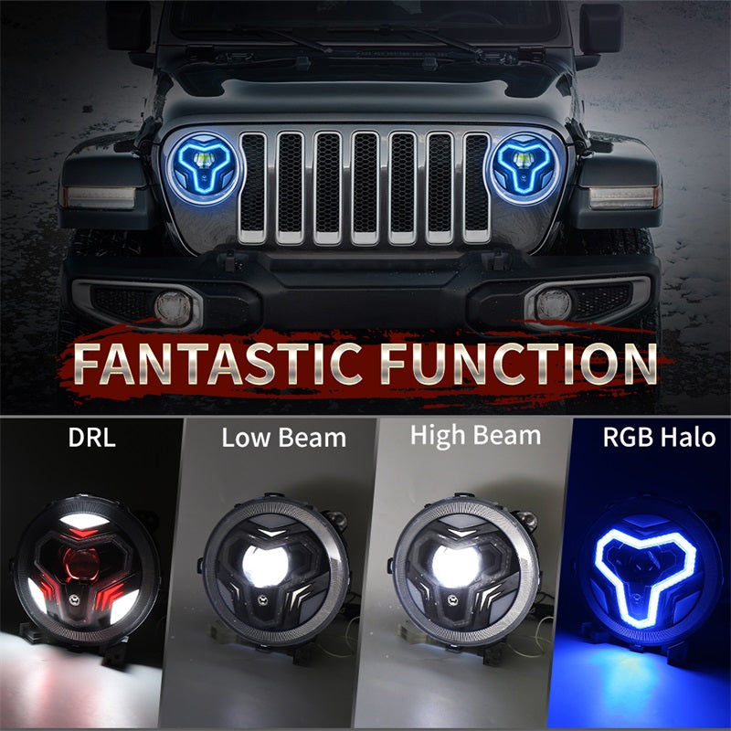 JL Headlights, 9 inch RGB Headlights with Multi-Function Halo White DRL for Jeep Wrangler JL Sahara Rubicon 2018-2023 Gladiator JT
