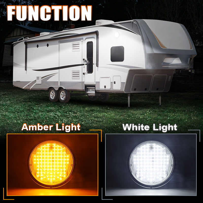 LED RV Exterior Light,8.5 Inch Round Scare Porch Light with 100pcs Dual Color Leds Flood Awning Light Replacement kit Surface Mount Fixture for RV Trailer Fifth Wheel Camper Bus