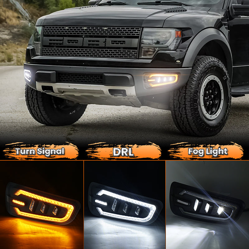 LED Fog Lights with White DRL Amber Turn Signal Bumper Fog Driving Lights Compatible with 2010-2014 Ford Raptor(Ford F150 SVT Raptor Gen 1)