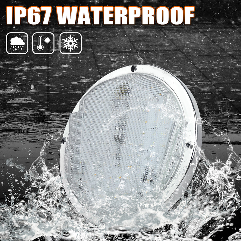 LED RV Exterior Light,8.5 Inch Round Scare Porch Light with 100pcs Dual Color Leds Flood Awning Light Replacement kit Surface Mount Fixture for RV Trailer Fifth Wheel Camper Bus