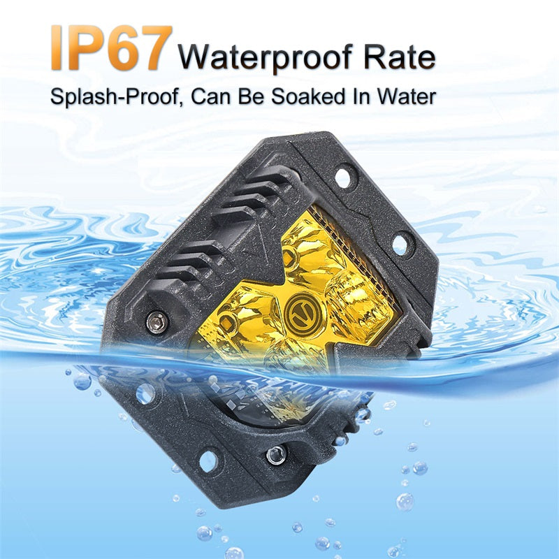 Flush Mount LED Pods, Waterproof IP68 Side Shooter Pods Yellow Lens with Amber Solid Strobe Separate Function 40W Spot Flood Driving Cube Lights for Truck ATV RZR UTV Jeep Ford SUV Toyota 4X4