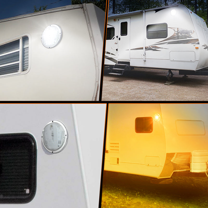 LED RV Exterior Light,8.5 Inch Round Scare Porch Light with 100pcs Dual Color Leds Flood Awning Light Replacement kit Surface Mount Fixture for RV Trailer Fifth Wheel Camper Bus