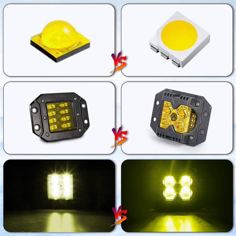 Flush Mount LED Pods, Waterproof IP68 Side Shooter Pods Yellow Lens with Amber Solid Strobe Separate Function 40W Spot Flood Driving Cube Lights for Truck ATV RZR UTV Jeep Ford SUV Toyota 4X4