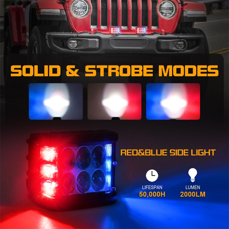 Side Shooter Dual LED Lights with Strobe Blue&Red Emergency Off Road Driving Lights for Tractor Plow Truck ATV UTV SUV 4x4 Boat Motorcycle