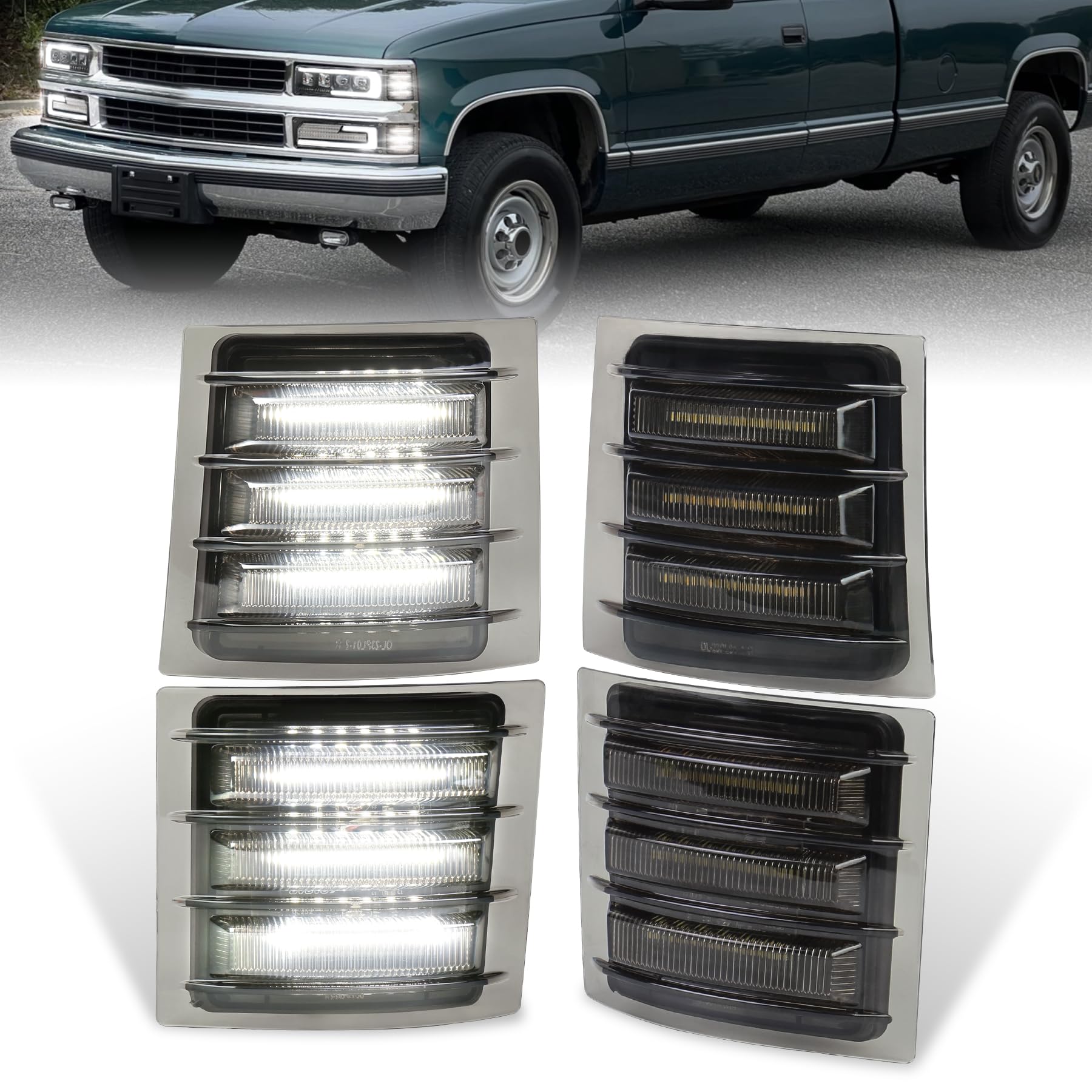 LED Side Marker Light Assembly with White Sequential Turn Signal LED Front Corner Lights Compatible with 1994-1998 Chevy C/K 1500 2500 3500 C10 Silverado Tahoe Suburban Yukon