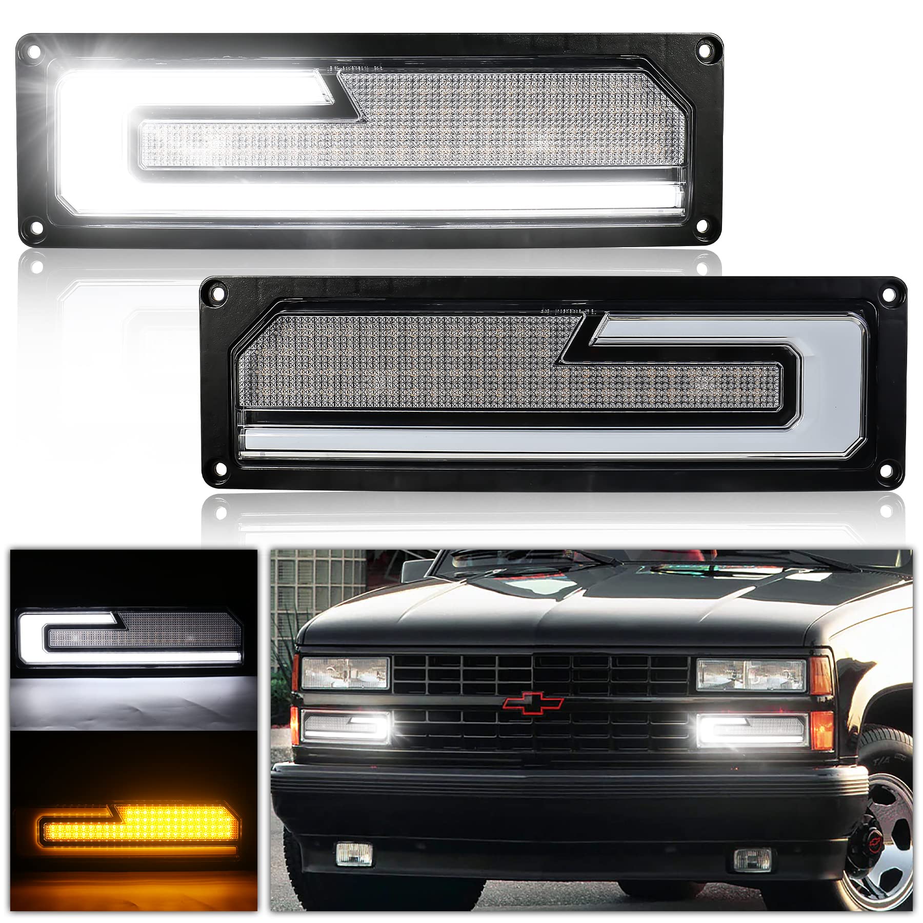 LED Turn Signal Replacement Lights with White DRL Welcome Light Compatible with 1988-1998 Chevy GMC C/K 1500 2500 3500 Silverado Tahoe Suburban Yukon C10