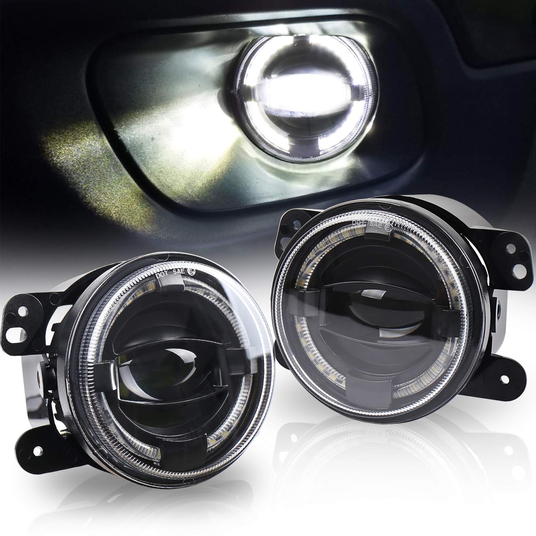 4inch LED Fog Lights 20W Fog Lamps with White Halo DRL Front Bumper Driving Fog Lights Compatible with Jeep Wrangler JK Dodge Chrysler