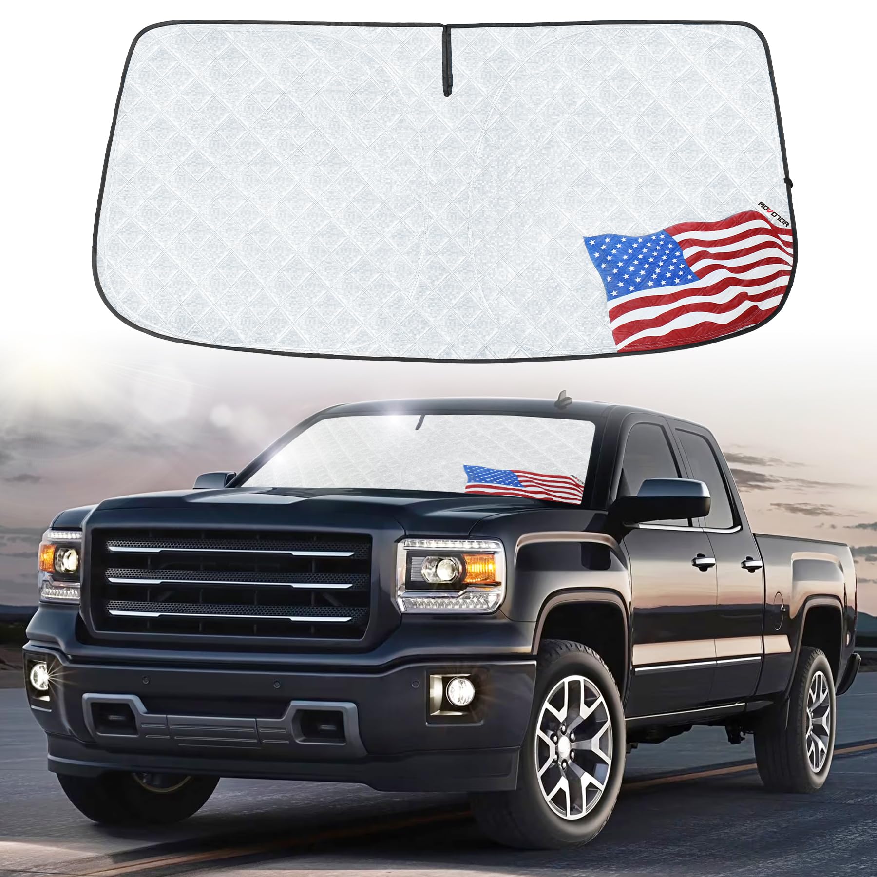 Windshield Sun Shade,Foldable Front Window Sun Shade for 2007-2013 Chevrolet Silverado/GMC Sierra 1500 07-14 Chevrolet Silverado/GMC Sierra 2500HD/3500HD-Upgraded 6mm 240T Material(59” X 28”)