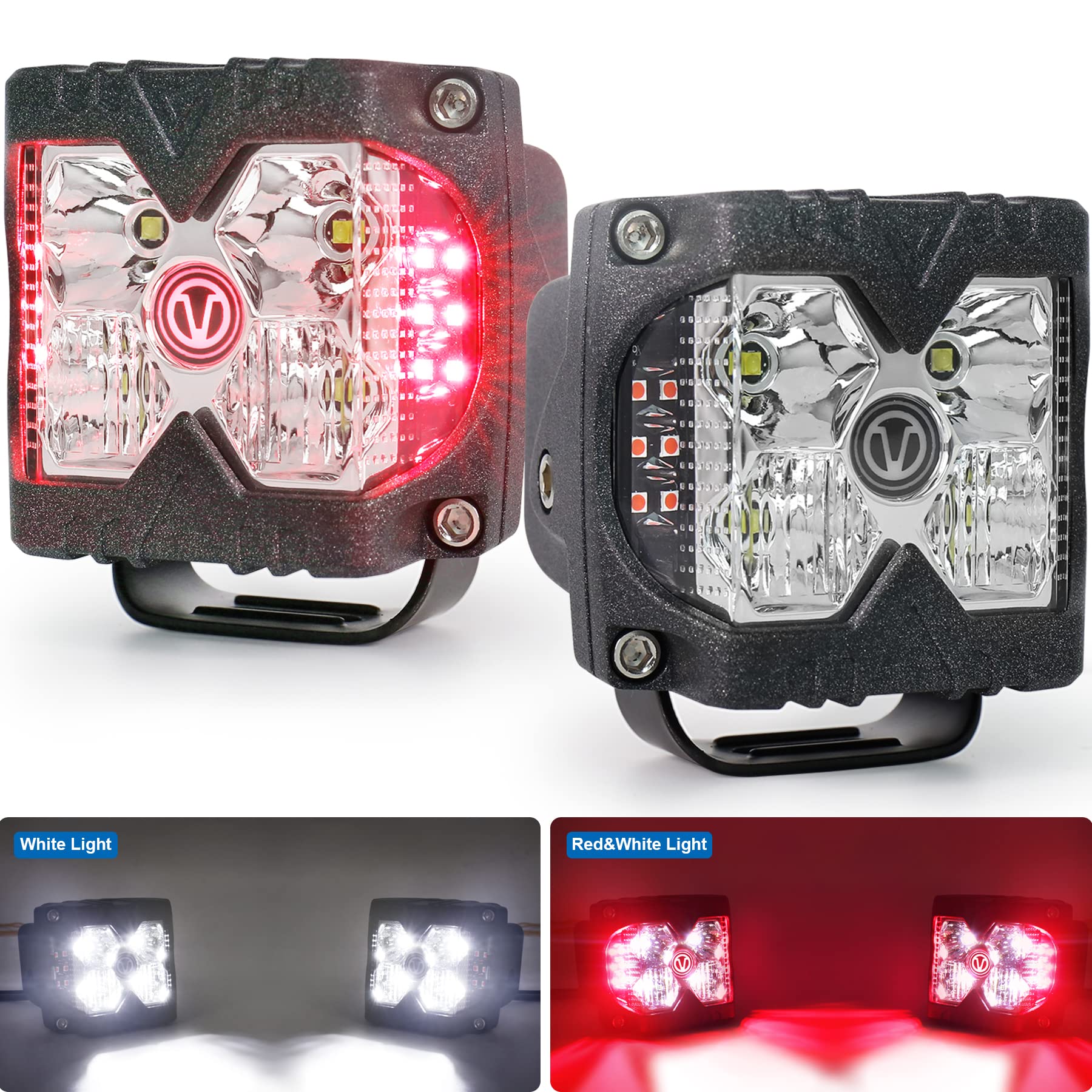 Red Side Shooter Lights, 40W LED Light Pods Red Solid & Strobe Light Waterproof IP68 Dual Side Driving Work Lights for Jeep SUV ATV Motorcycle Truck Tractor
