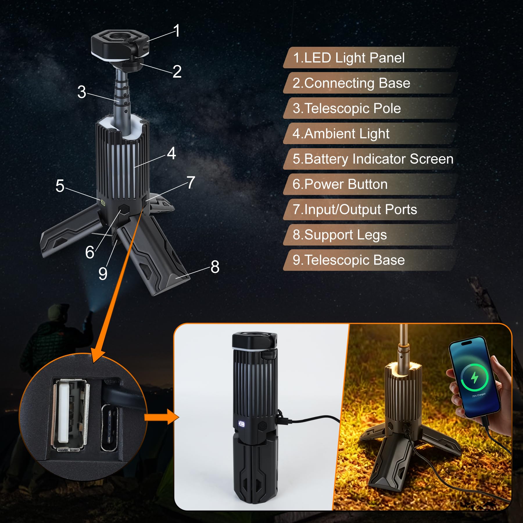 Telescopic Camping Light with Stand,Rechargeable Camping Lantern