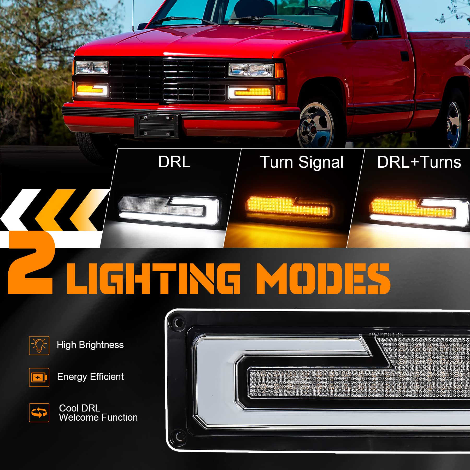 LED Turn Signal Replacement Lights with White DRL Welcome Light Compatible with 1988-1998 Chevy GMC C/K 1500 2500 3500 Silverado Tahoe Suburban Yukon C10