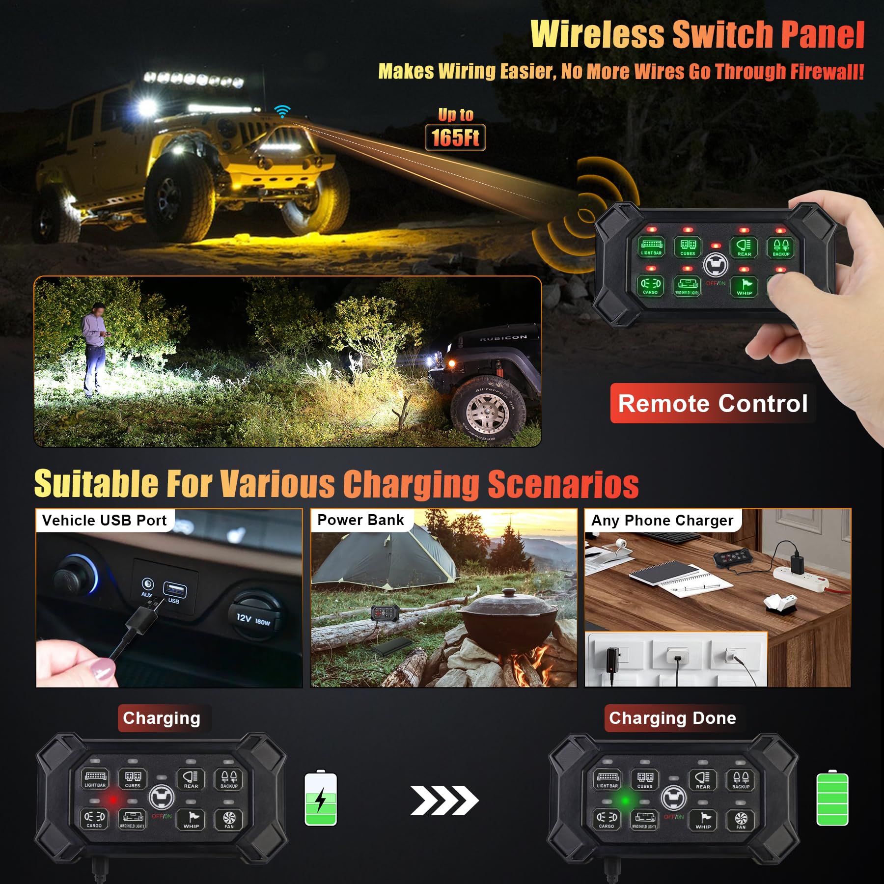 Wireless 8 Gang Switch Panel, Remote Control Switch Pod with Toggle Momentary Pulsed Waterproof Universal Circuit Control Relay System Box for Off Road Truck Jeep Boat SUV UTV ATV Camper