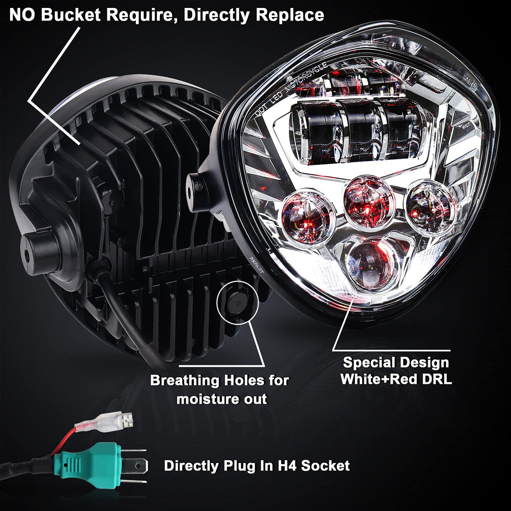 Motorcycle LED Headlight 7inch Hi Lo Beam White&Red DRL with Universal Motorcycle Mounts Bracket Compatible with Harley Honda Kawasaki Suzuki Yamaha