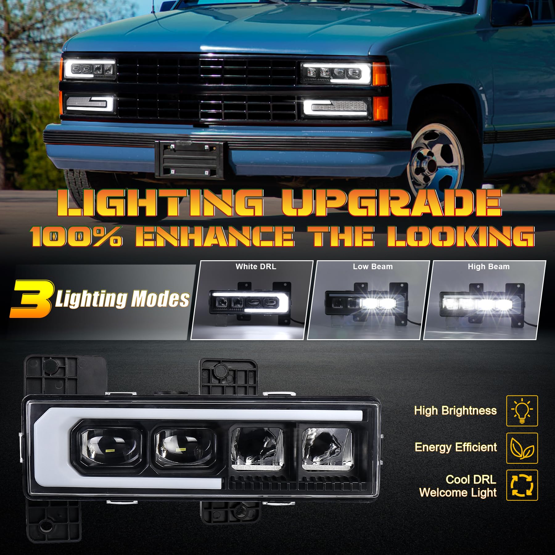 NEW LED Headlights Assembly Upgrade 500% Brighter Projector Headlights with DRL Welcome Light Compatible with 1988-1998 Chevy GMC C/K 1500 2500 3500 Silverado Tahoe Suburban Yukon C10