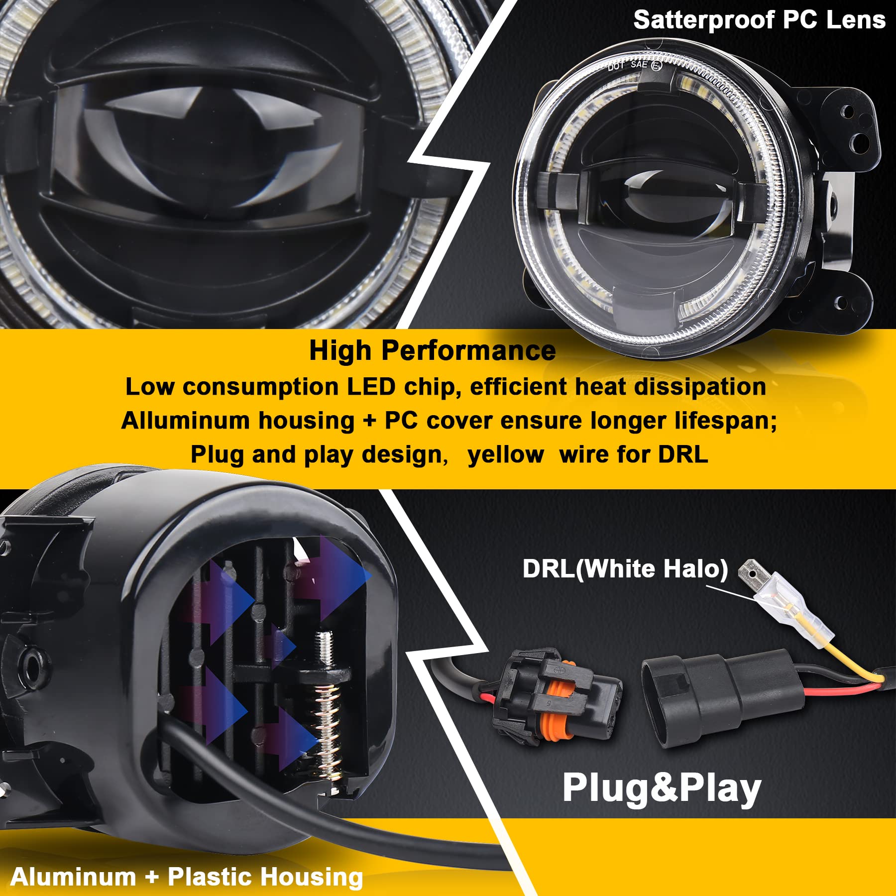 4inch LED Fog Lights 20W Fog Lamps with White Halo DRL Front Bumper Driving Fog Lights Compatible with Jeep Wrangler JK Dodge Chrysler