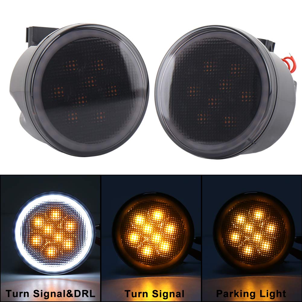 JK Turn Signal Lights White Halo Amber LED Smoke Lens Front Grille Parking Lights for 2007-2018 Jeep Wrangler JK & JK Unlimited