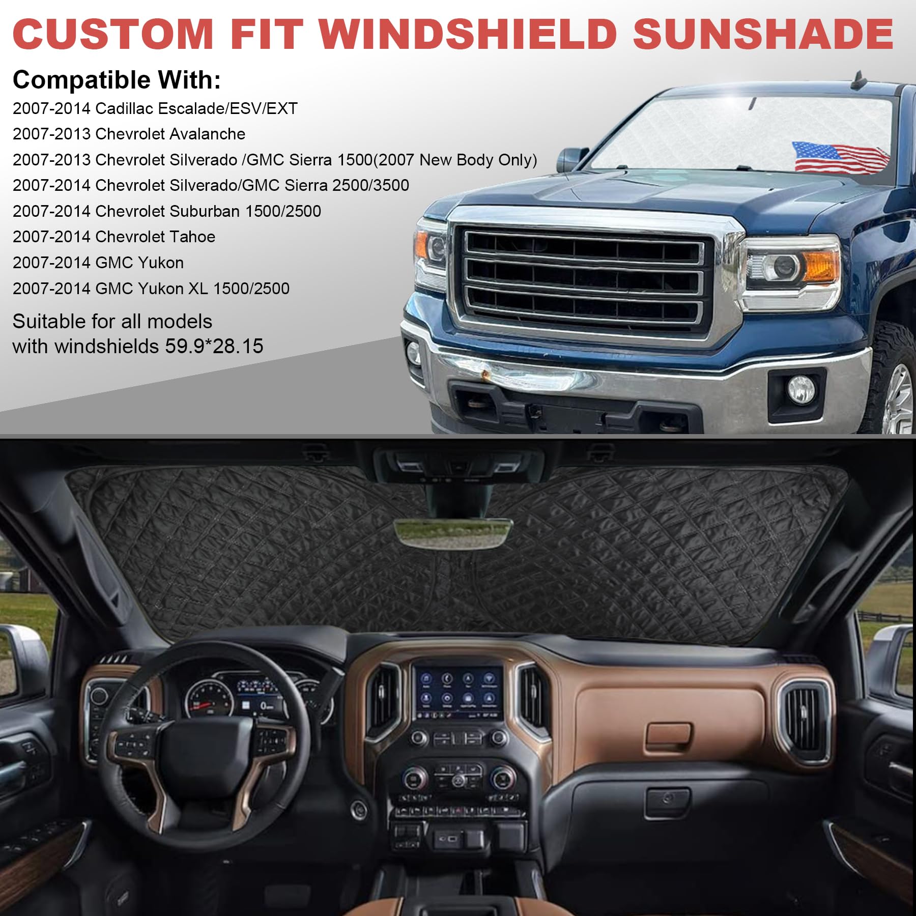 Windshield Sun Shade,Foldable Front Window Sun Shade for 2007-2013 Chevrolet Silverado/GMC Sierra 1500 07-14 Chevrolet Silverado/GMC Sierra 2500HD/3500HD-Upgraded 6mm 240T Material(59” X 28”)