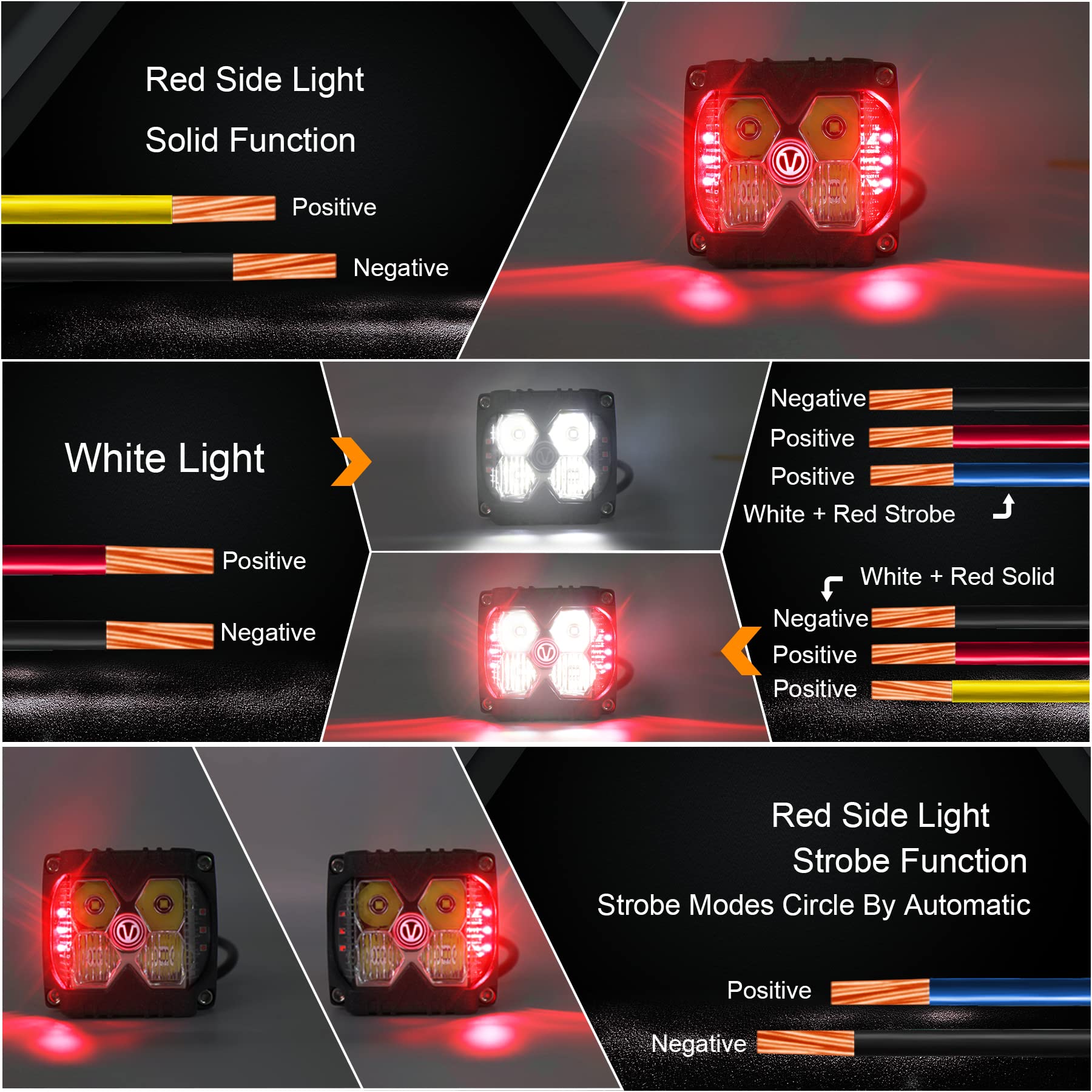 Red Side Shooter Lights, 40W LED Light Pods Red Solid & Strobe Light Waterproof IP68 Dual Side Driving Work Lights for Jeep SUV ATV Motorcycle Truck Tractor