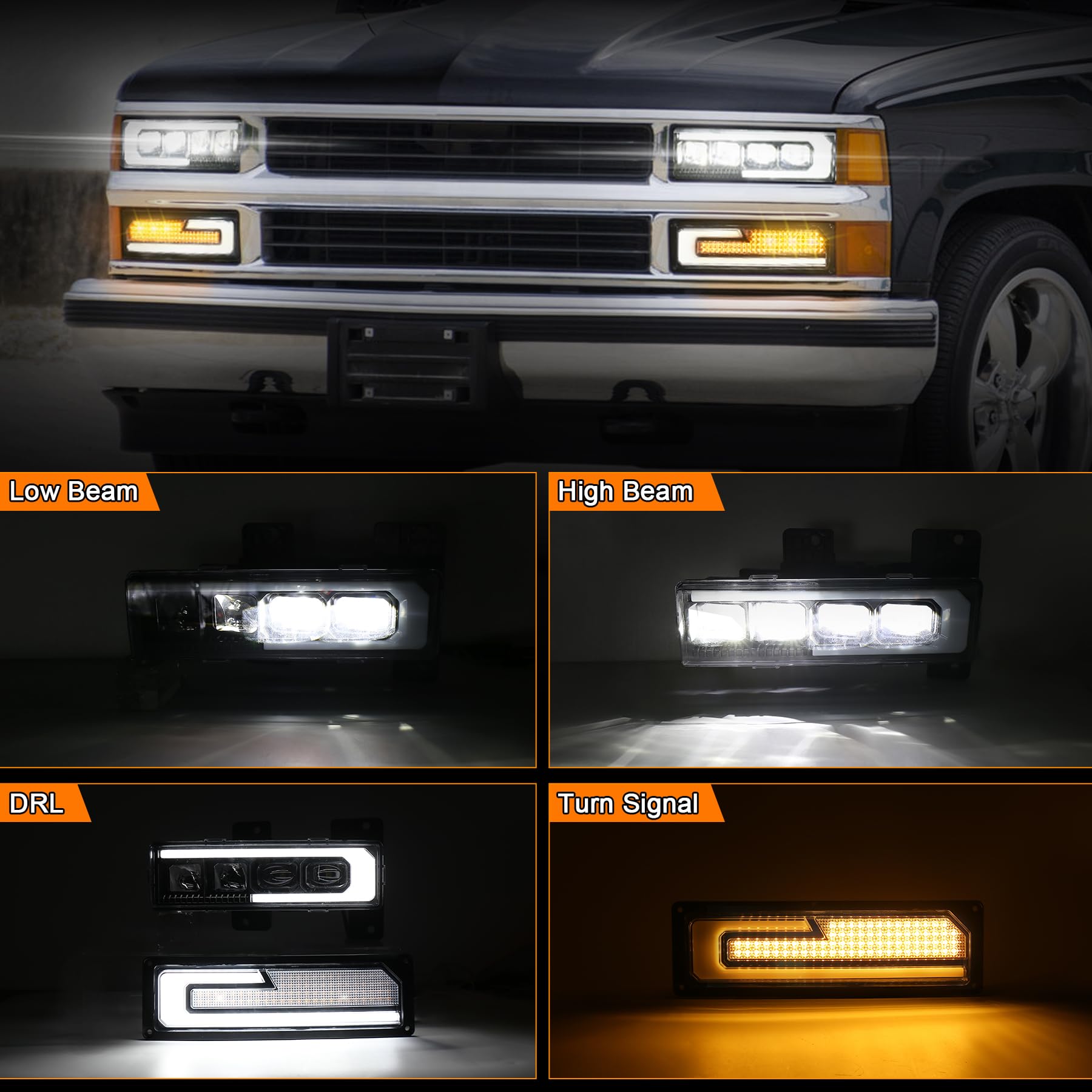 MOVOTOR LED Headlights Assembly DOT Approved with DRL Sequential Turn Signal Hi/Low Beam Lights Replacement for 1988-1998 Chevy/GMC Silverado Tahoe