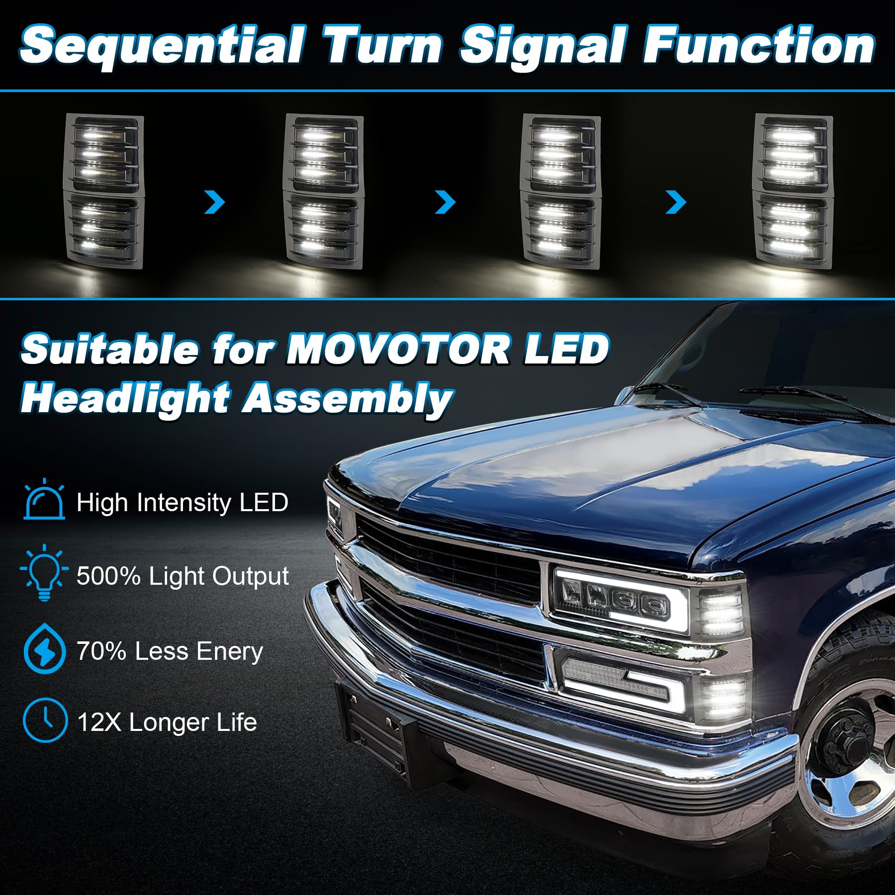 LED Side Marker Light Assembly with White Sequential Turn Signal LED Front Corner Lights Compatible with 1994-1998 Chevy C/K 1500 2500 3500 C10 Silverado Tahoe Suburban Yukon