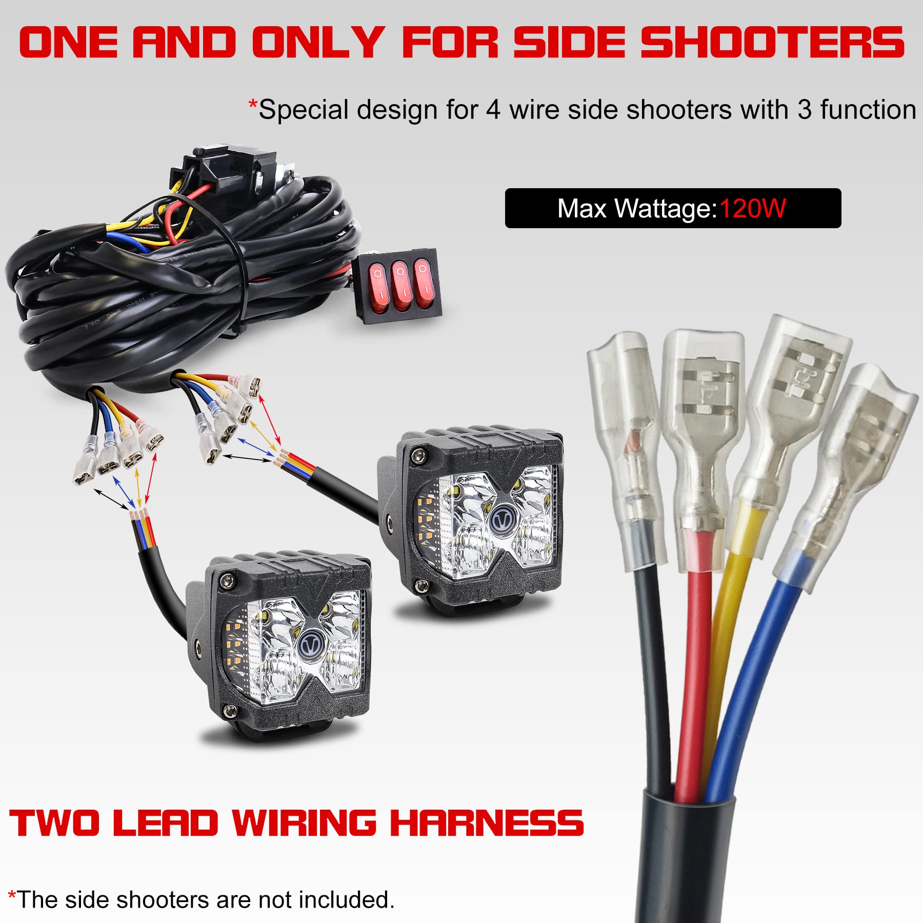 12V 4 Wire LED Side Shooter Pods Wiring Harness Kit with 3 On/Off Switches for Off Road, Heavy Duty Truck, ATV, SUV LED Work Light Pods