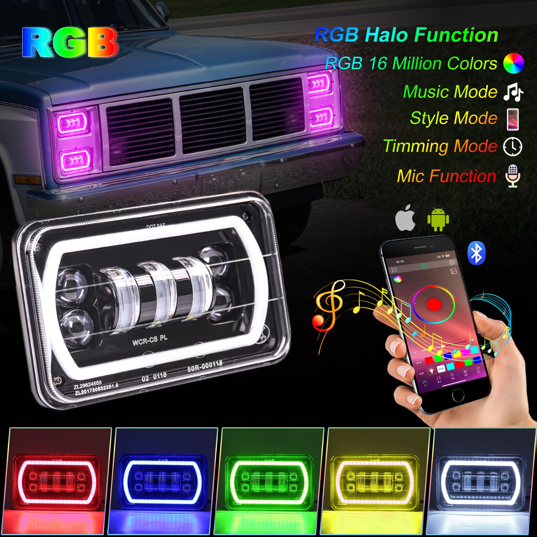4x6 Led Headlights with White RGB Halo Music Mode Seal Beam Replace H4651 H4656 H4666 Rectangular Led Headlight for Truck Peterbilt Kenworth Ford Monte Carlo Oldsmobile