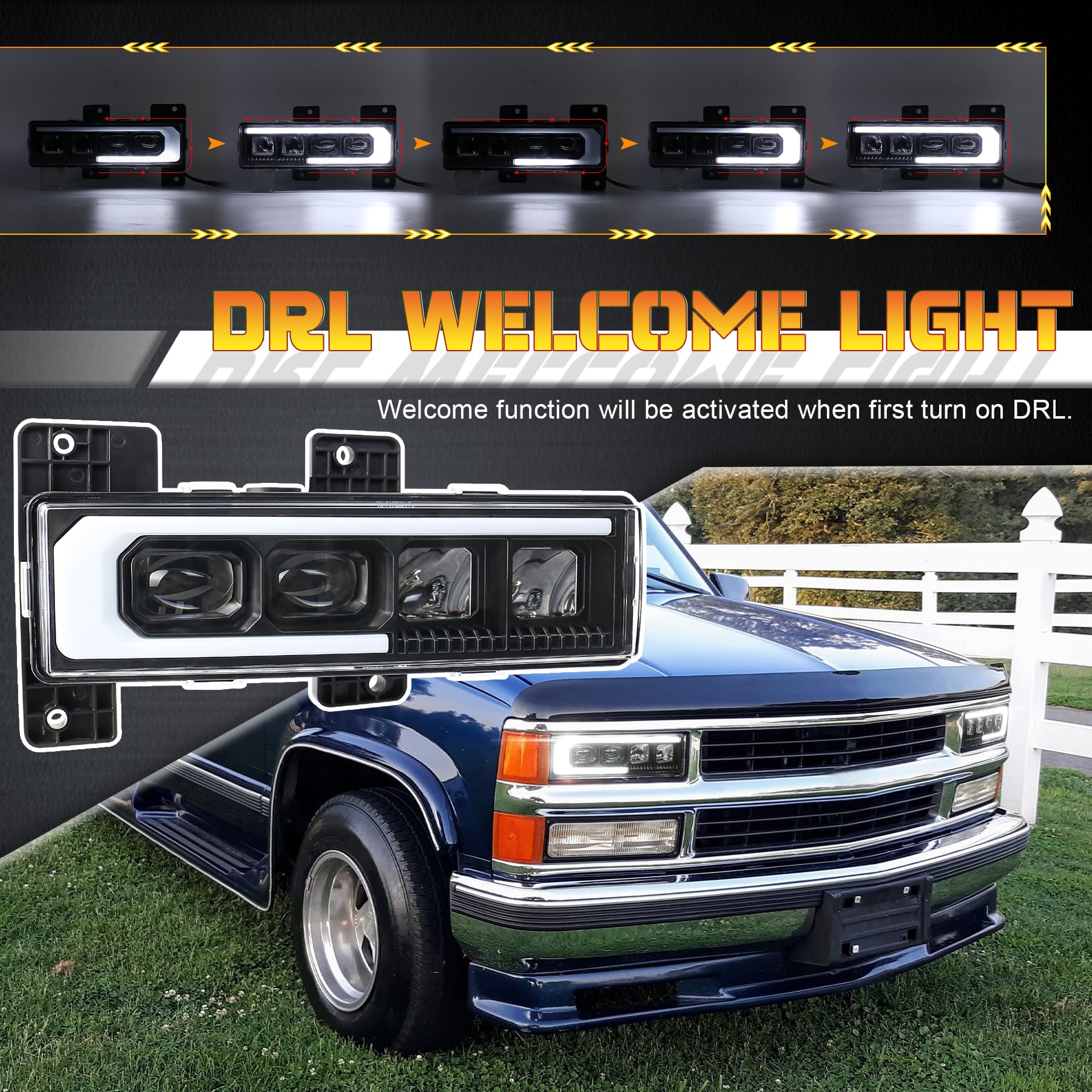 NEW LED Headlights Assembly Upgrade 500% Brighter Projector Headlights with DRL Welcome Light Compatible with 1988-1998 Chevy GMC C/K 1500 2500 3500 Silverado Tahoe Suburban Yukon C10
