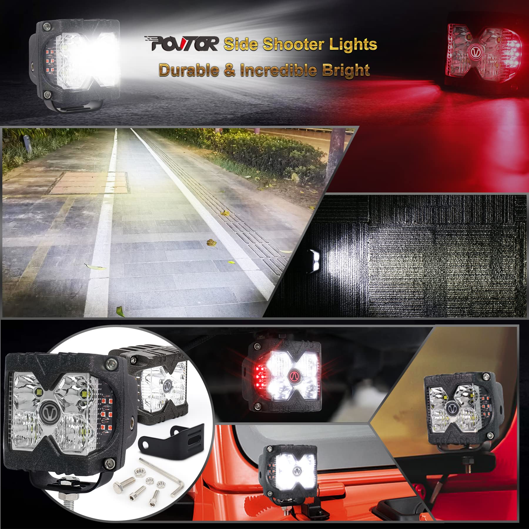 Red Side Shooter Lights, 40W LED Light Pods Red Solid & Strobe Light Waterproof IP68 Dual Side Driving Work Lights for Jeep SUV ATV Motorcycle Truck Tractor