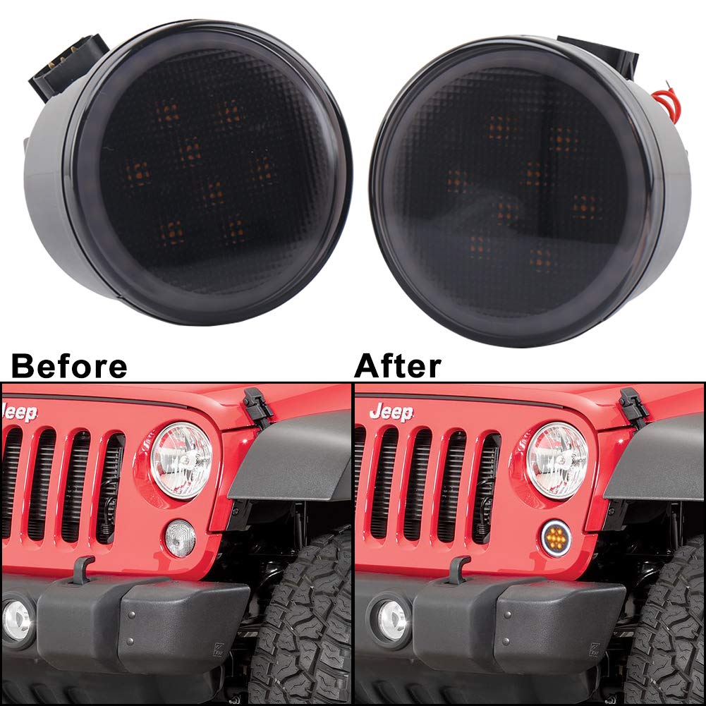 JK Turn Signal Lights White Halo Amber LED Smoke Lens Front Grille Parking Lights for 2007-2018 Jeep Wrangler JK & JK Unlimited
