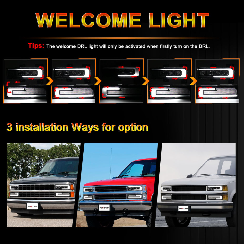 MOVOTOR LED Headlights Assembly DOT Approved with DRL Sequential Turn Signal Hi/Low Beam Lights Replacement for 1988-1998 Chevy/GMC Silverado Tahoe