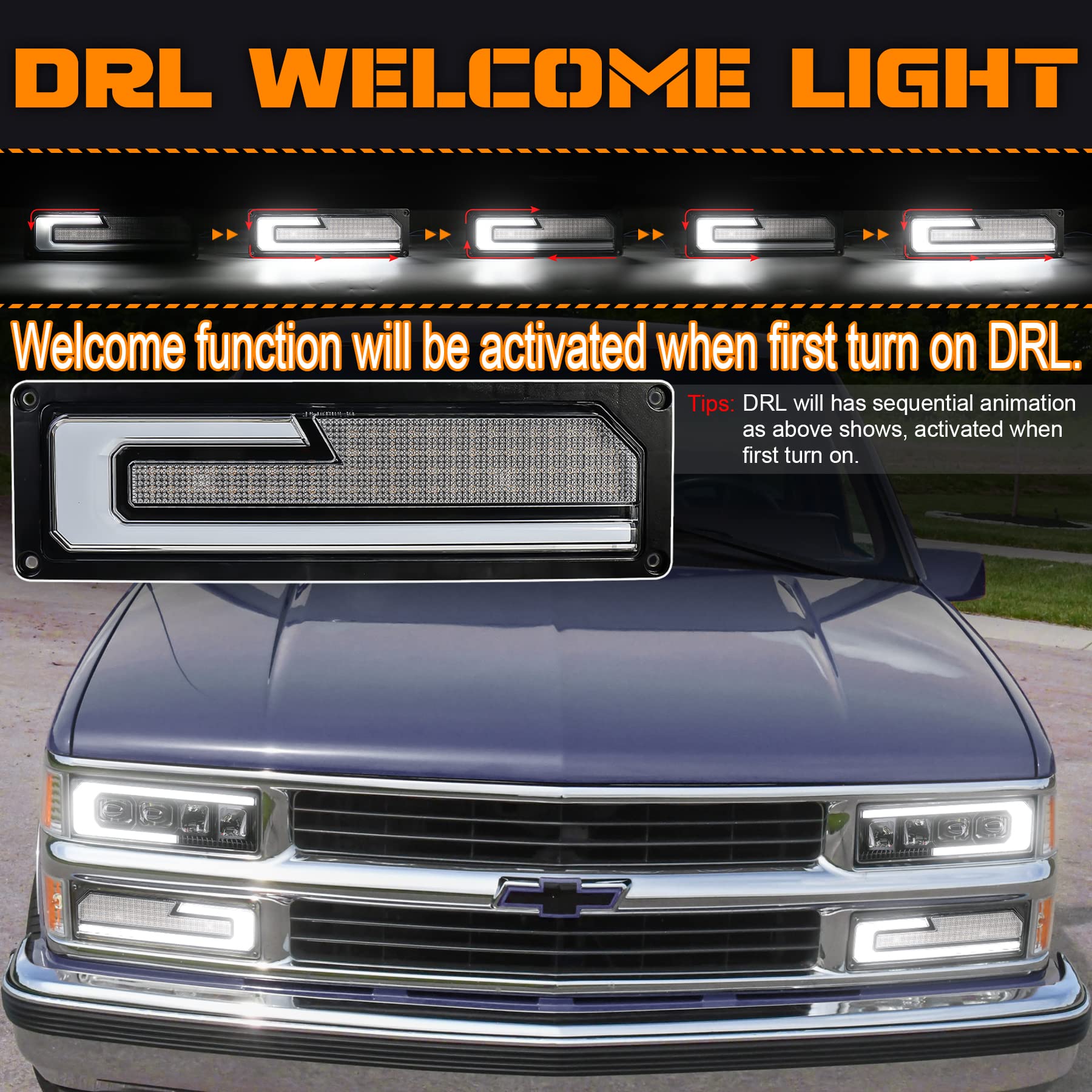LED Turn Signal Replacement Lights with White DRL Welcome Light Compatible with 1988-1998 Chevy GMC C/K 1500 2500 3500 Silverado Tahoe Suburban Yukon C10