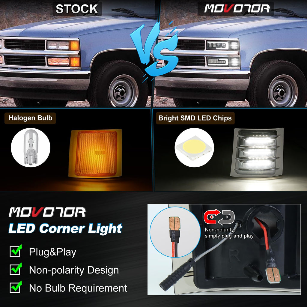 LED Side Marker Light Assembly with White Sequential Turn Signal LED Front Corner Lights Compatible with 1994-1998 Chevy C/K 1500 2500 3500 C10 Silverado Tahoe Suburban Yukon