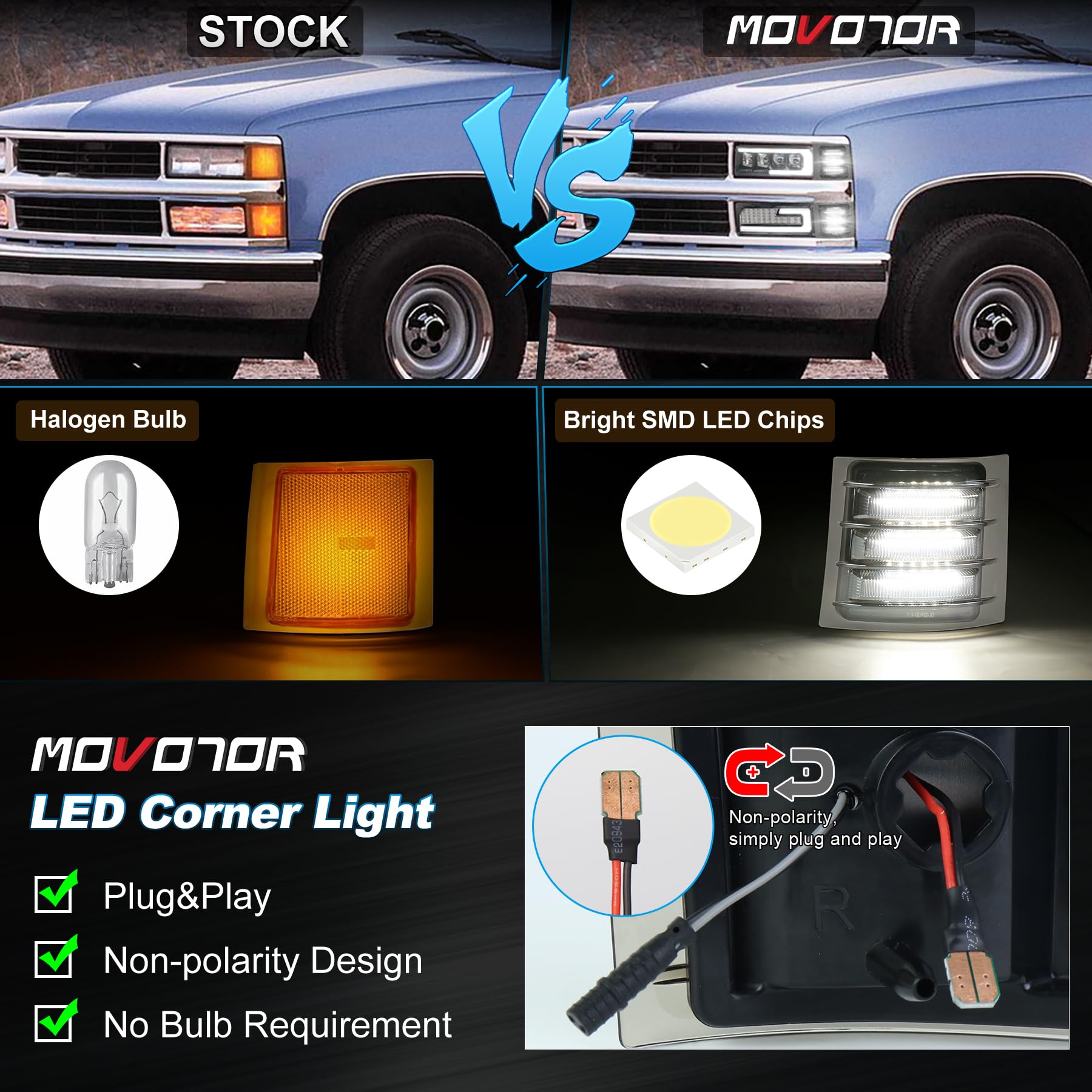 LED Side Marker Light Assembly with White Sequential Turn Signal LED Front Corner Lights Compatible with 1994-1998 Chevy C/K 1500 2500 3500 C10 Silverado Tahoe Suburban Yukon