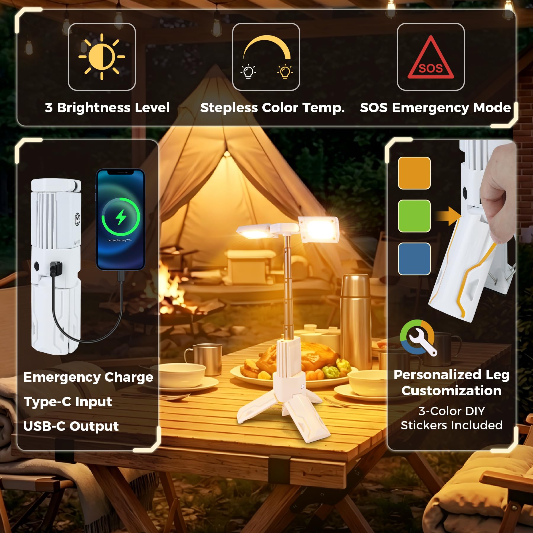 Telescopic Camping Lantern, Rechargeable LED Camp Light with Stand