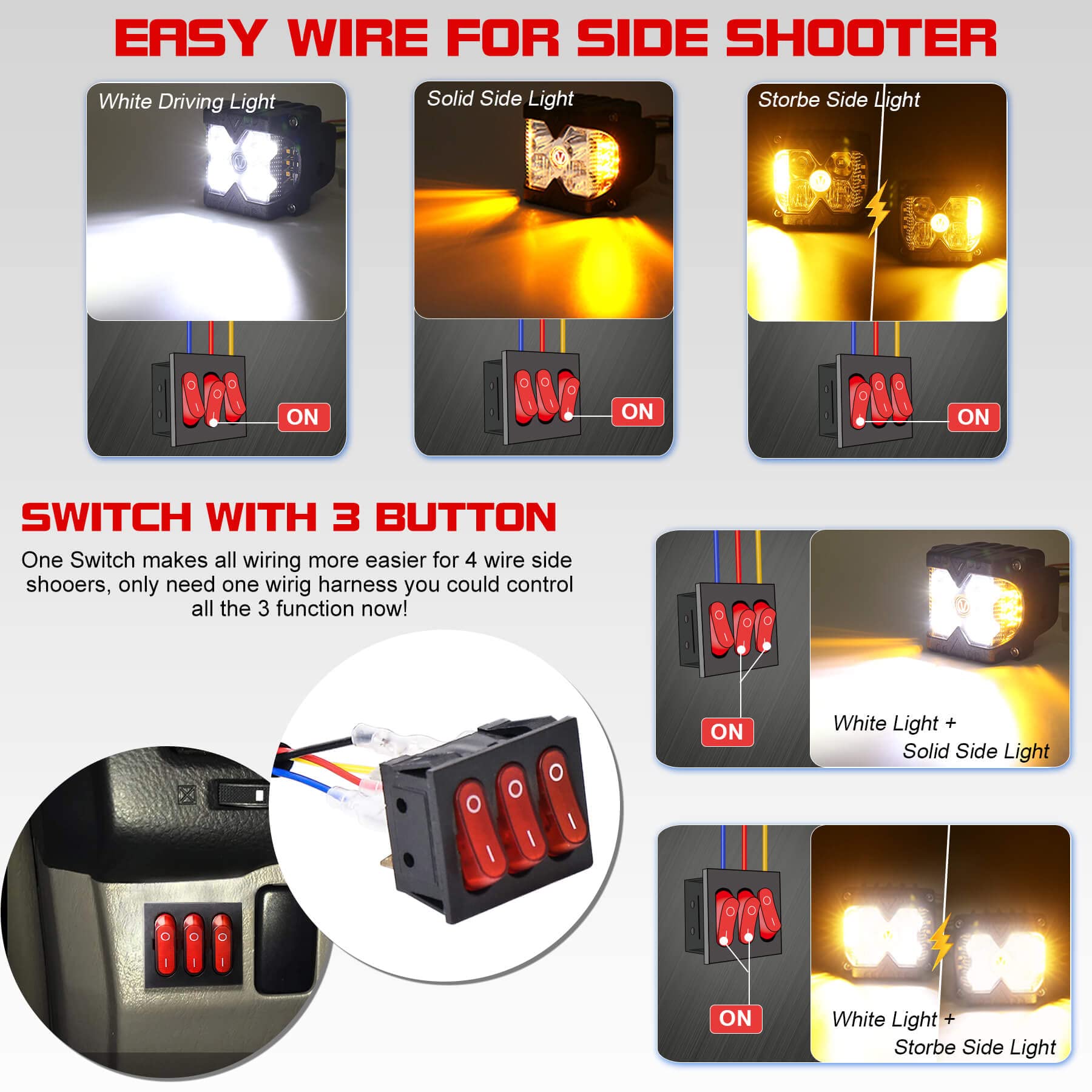 12V 4 Wire LED Side Shooter Pods Wiring Harness Kit with 3 On/Off Switches for Off Road, Heavy Duty Truck, ATV, SUV LED Work Light Pods