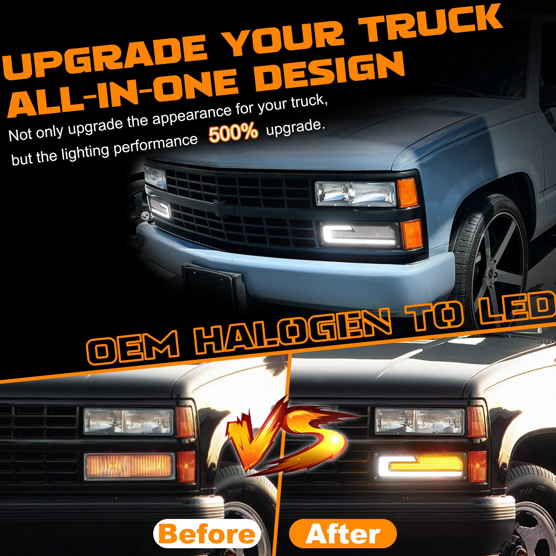 LED Turn Signal Replacement Lights with White DRL Welcome Light Compatible with 1988-1998 Chevy GMC C/K 1500 2500 3500 Silverado Tahoe Suburban Yukon C10