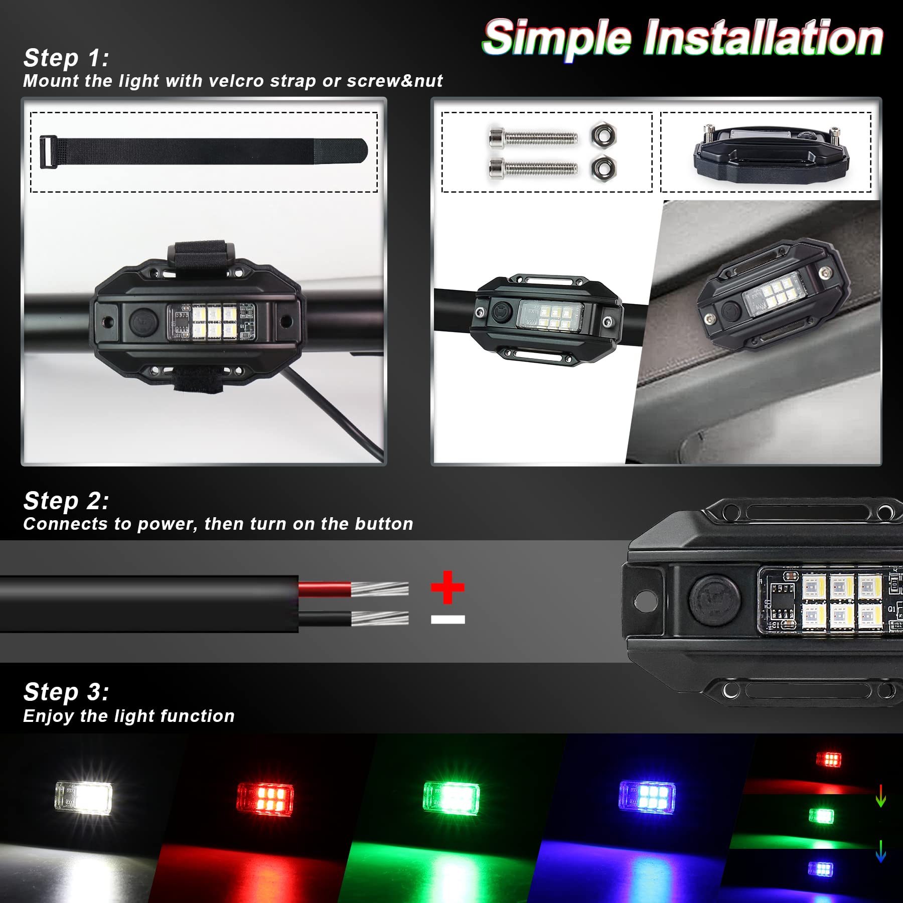 Universal RGB Strobe Roll Bar Mount Car LED Interior Light - UTV ATV Polaris RZR Can Am Truck - White/Red/Green/Blue