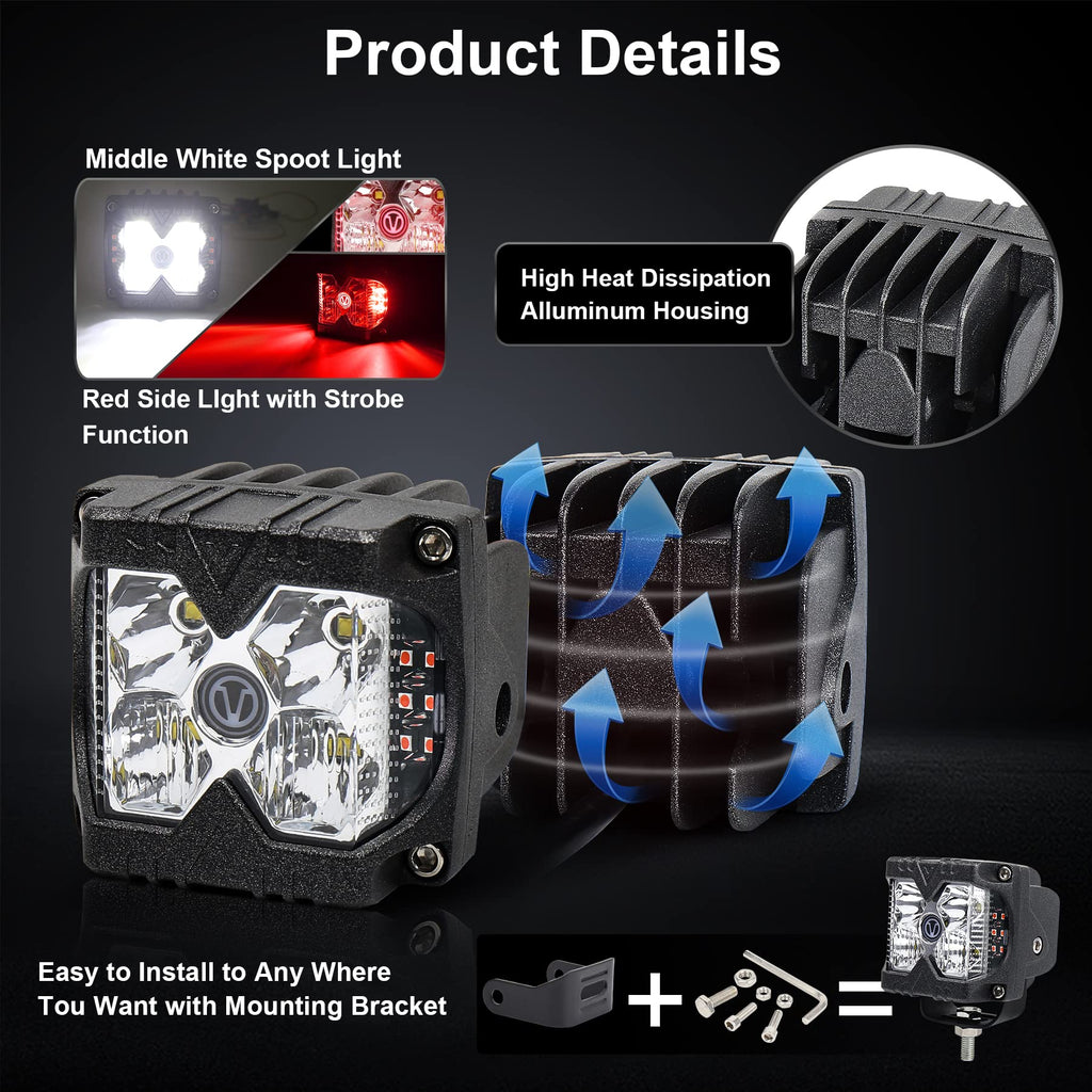 Red Side Shooter Lights, 40W LED Light Pods Red Solid & Strobe Light Waterproof IP68 Dual Side Driving Work Lights for Jeep SUV ATV Motorcycle Truck Tractor