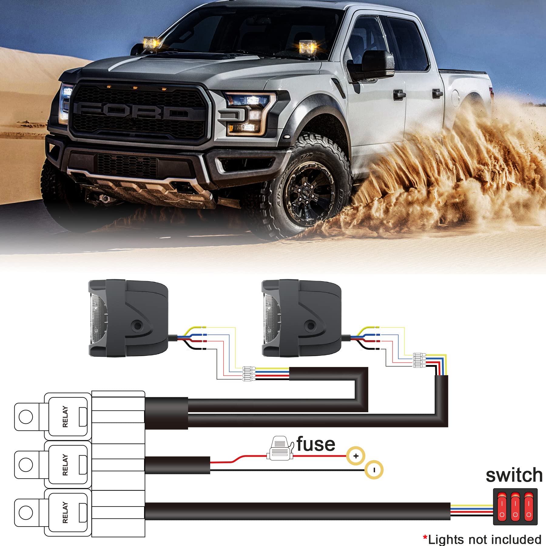 12V 4 Wire LED Side Shooter Pods Wiring Harness Kit with 3 On/Off Switches for Off Road, Heavy Duty Truck, ATV, SUV LED Work Light Pods