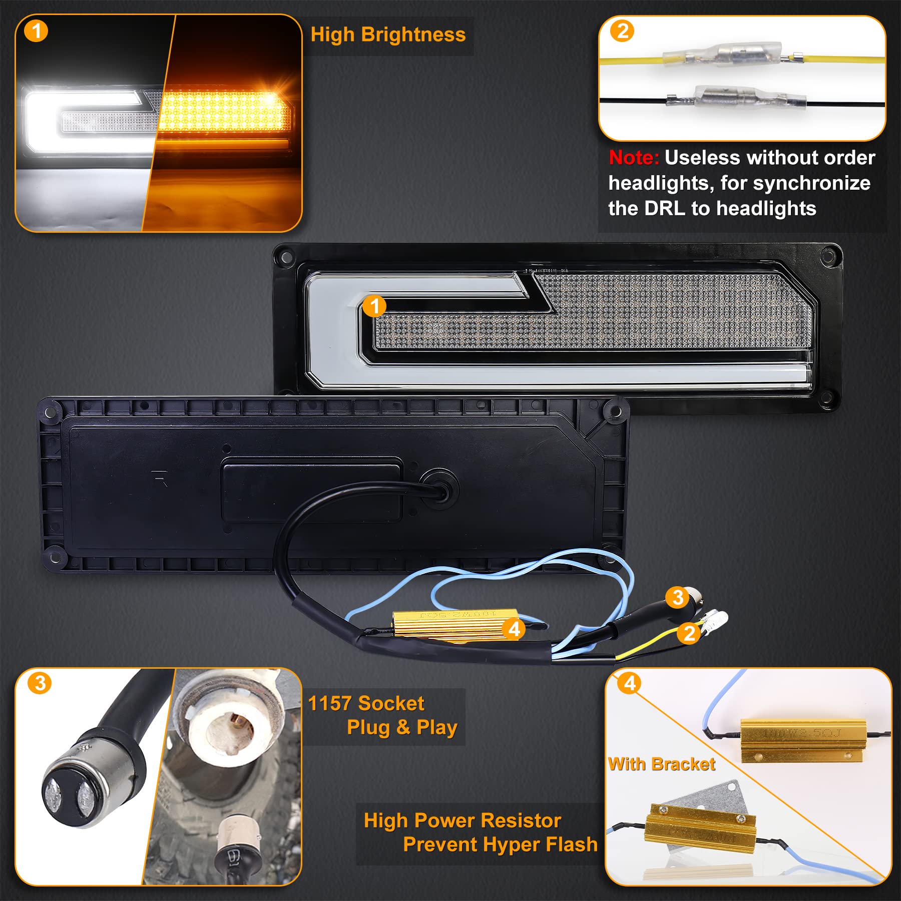 LED Turn Signal Replacement Lights with White DRL Welcome Light Compatible with 1988-1998 Chevy GMC C/K 1500 2500 3500 Silverado Tahoe Suburban Yukon C10