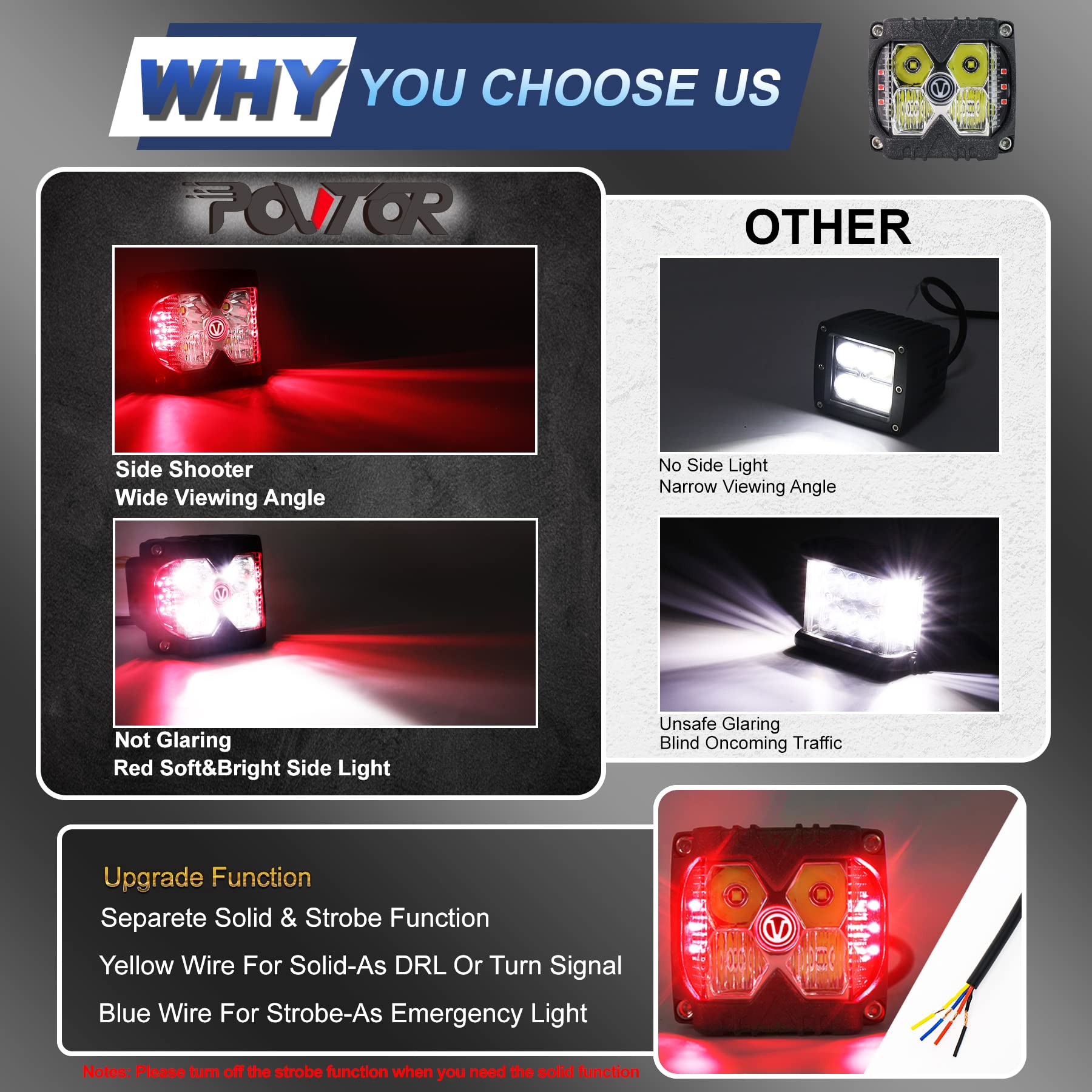 Red Side Shooter Lights, 40W LED Light Pods Red Solid & Strobe Light Waterproof IP68 Dual Side Driving Work Lights for Jeep SUV ATV Motorcycle Truck Tractor