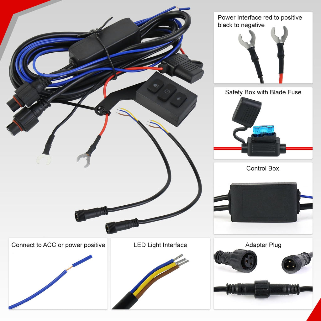 Light Bar Wiring Harness Kit with Remote Control,5 Modes & 3 On/Off Switches,18 AWG Protective Blade Fuse-2 Leads for 12V Vehicles-Work Light Driving Light Bar for Truck,SUV,Off-Road