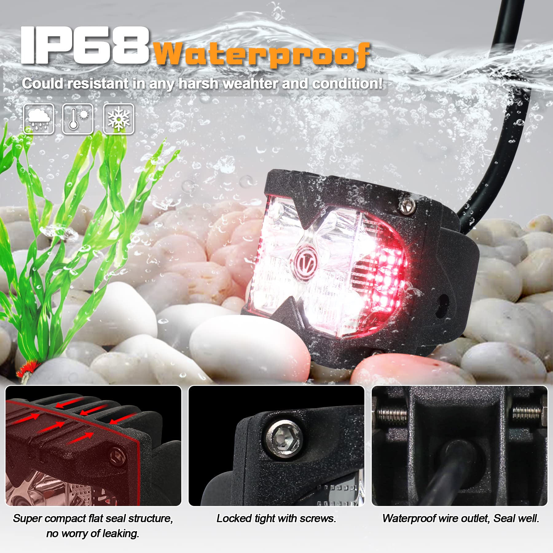 Red Side Shooter Lights, 40W LED Light Pods Red Solid & Strobe Light Waterproof IP68 Dual Side Driving Work Lights for Jeep SUV ATV Motorcycle Truck Tractor