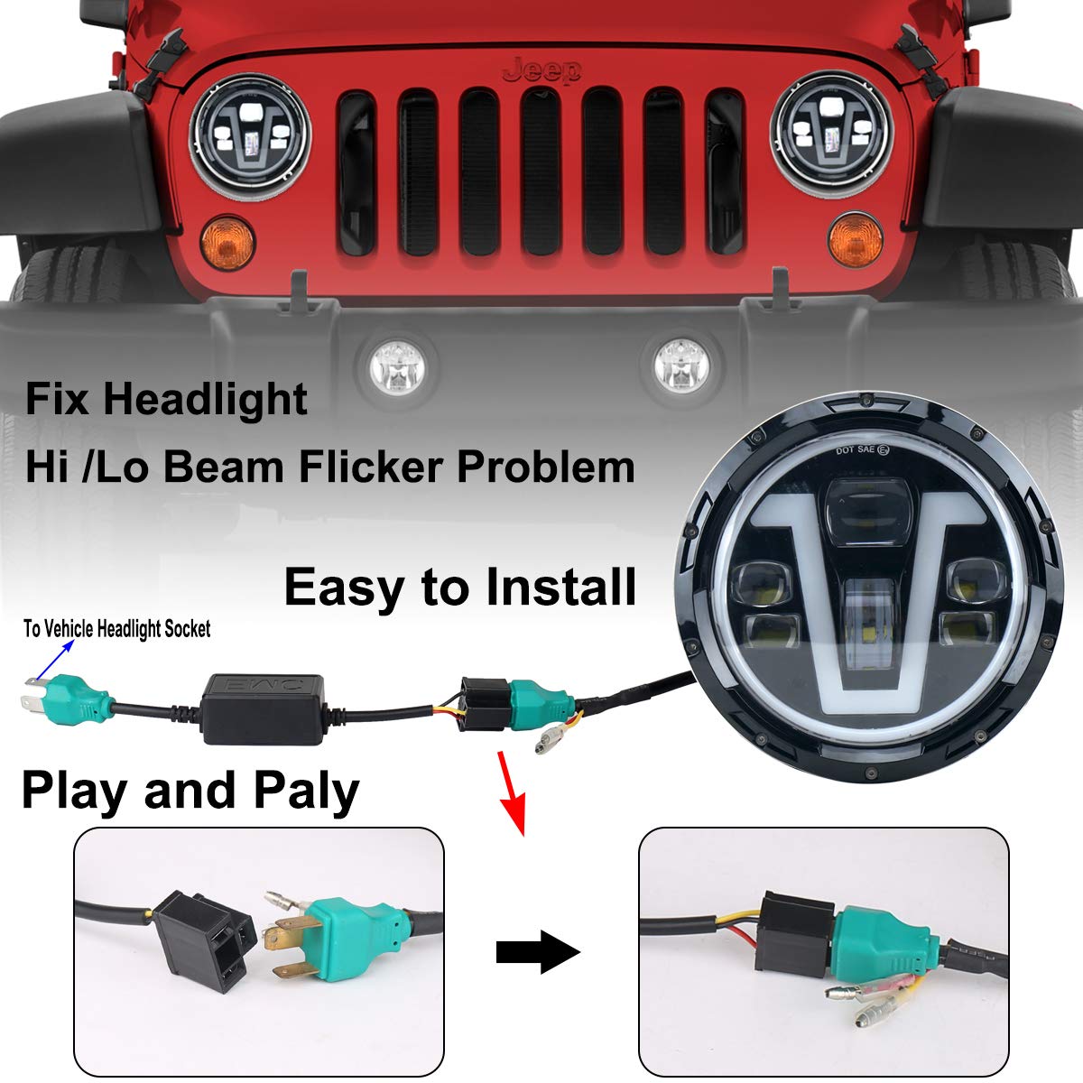 H4 9003 Anti Flicker Harness Canceler Decoder LED Flash Error Free Resistor Wiring Canbus LED Headlight Systems for Harley Davidson Wrangler JK TJ